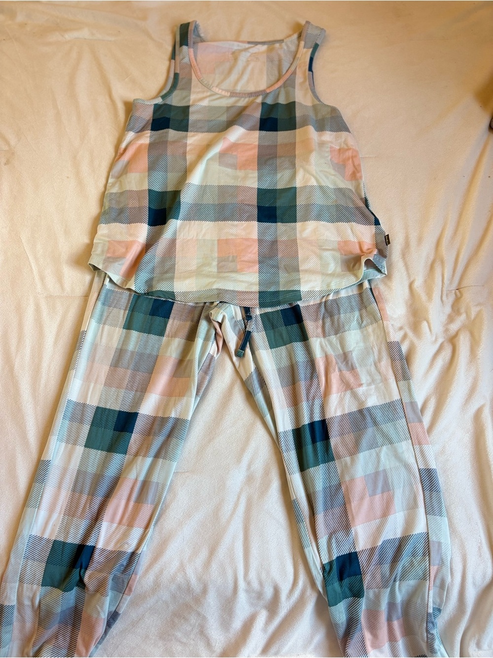 Women’s Plaid Tank & Jogger Pajama Set - Pastel Pink & Teal